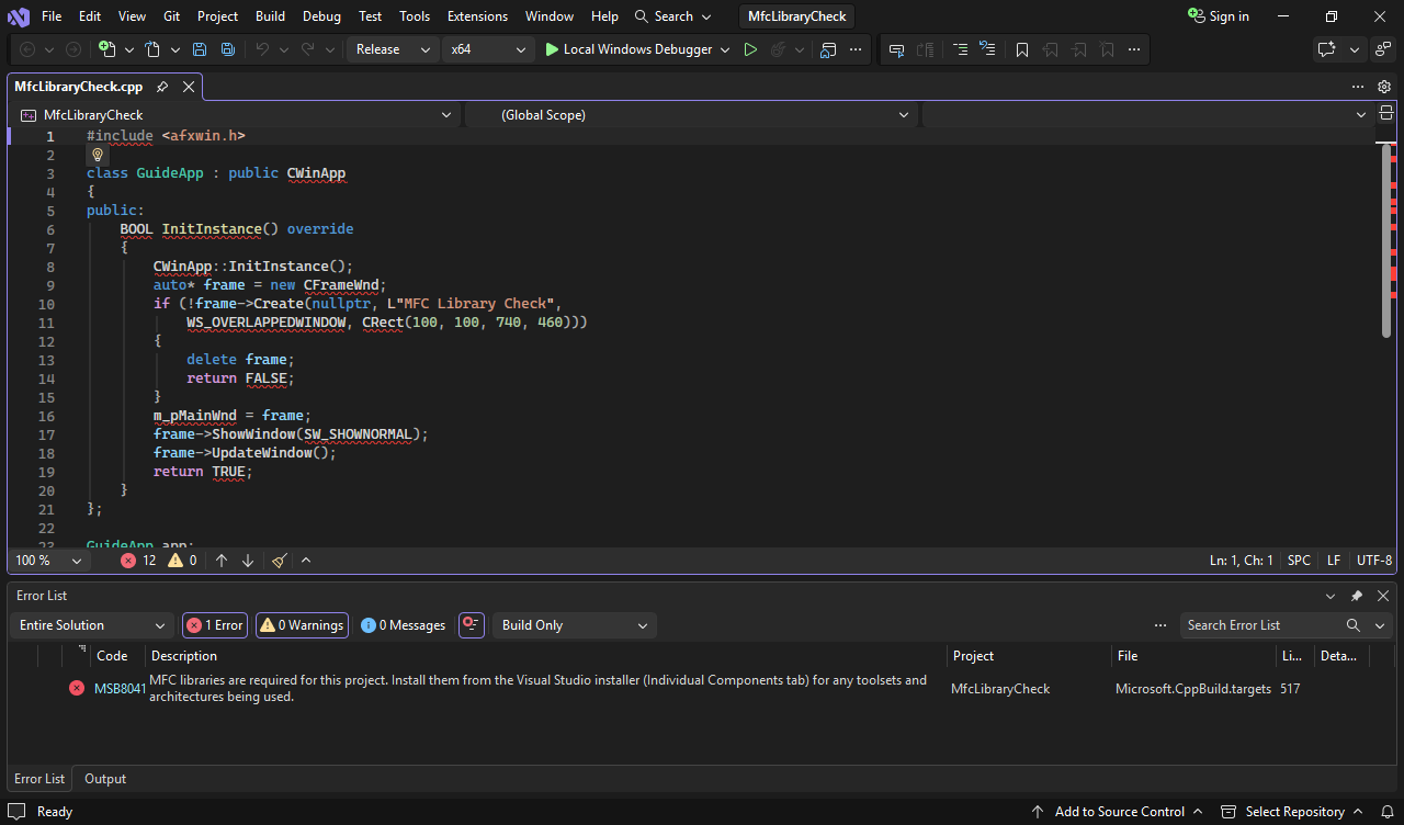 Visual Studio 2026 showing MSB8041 in the Error List for an x64 MFC project.