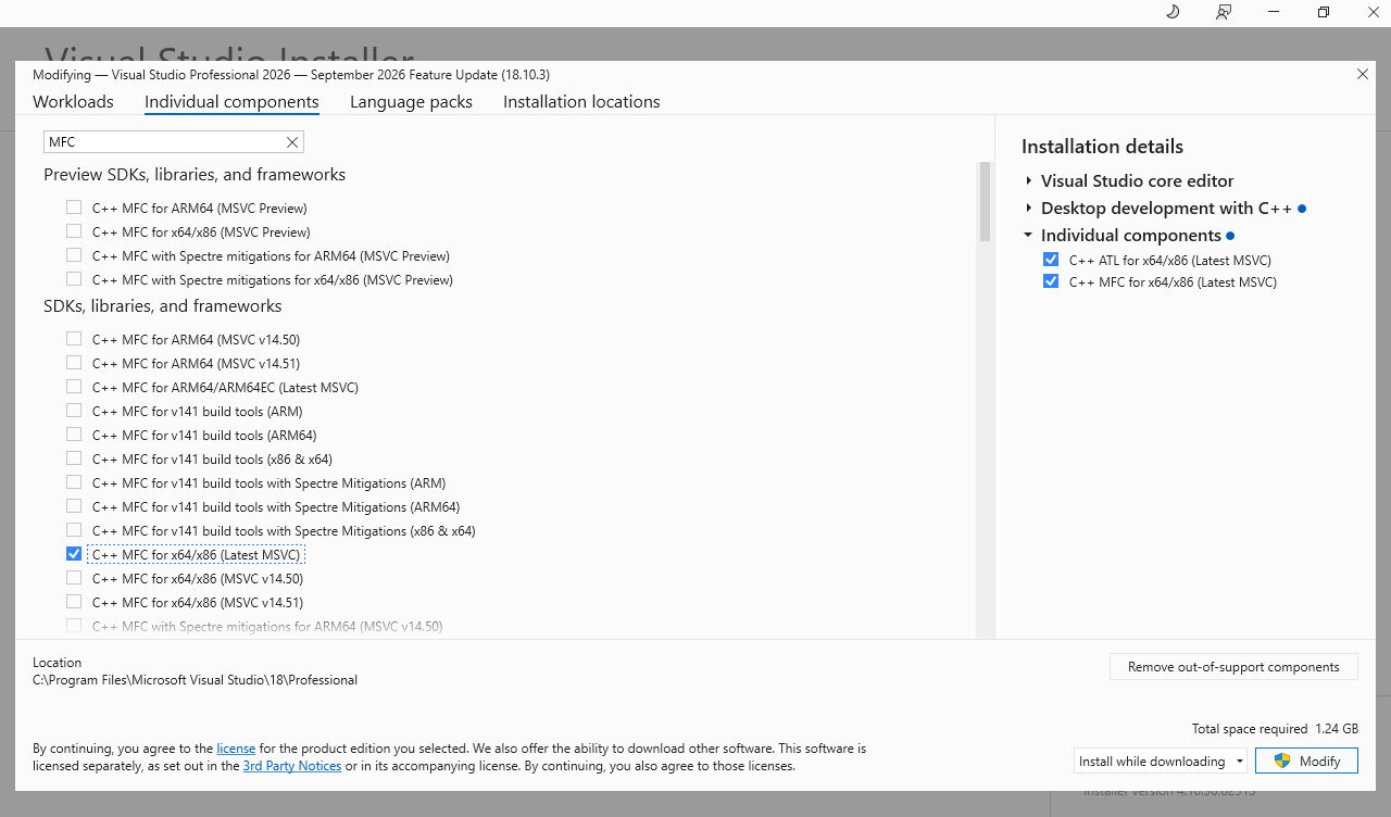 The English Visual Studio Installer with Individual components filtered by MFC and C++ MFC for x64/x86 (Latest MSVC) selected.
